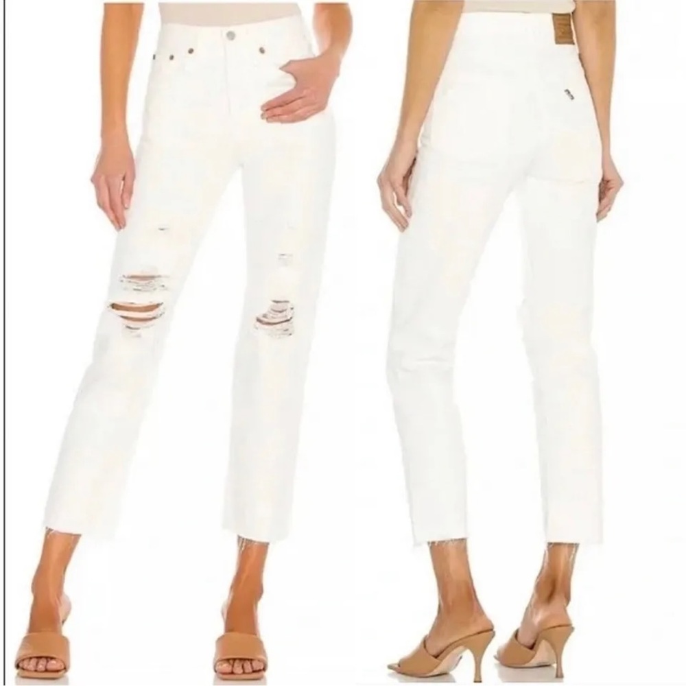 Levi's Premium White Wedgie Straight Ripped Distressed Crop Jeans Size W…